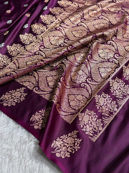 Dark Wine Shades Banarasi With Floral Border Mashru Silk Saree MSM-126