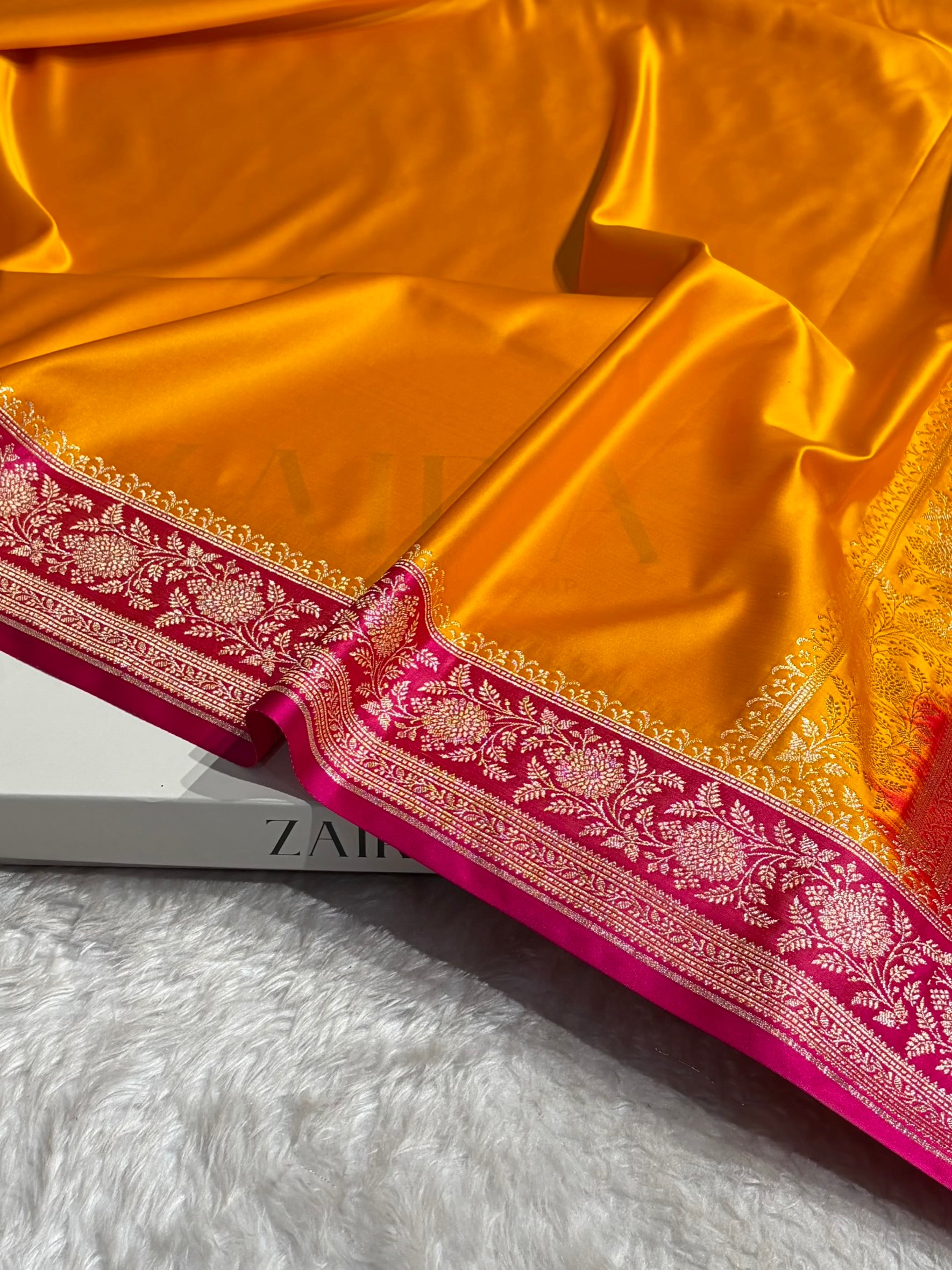 Banarasi Satin Katan Saree Floral Booti Pattern in Contrast Mustard / Rani Shades SK149