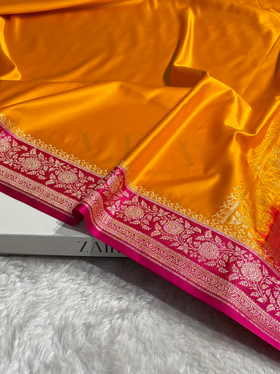 Banarasi Satin Katan Saree Floral Booti Pattern in Contrast Mustard / Rani Shades SK149