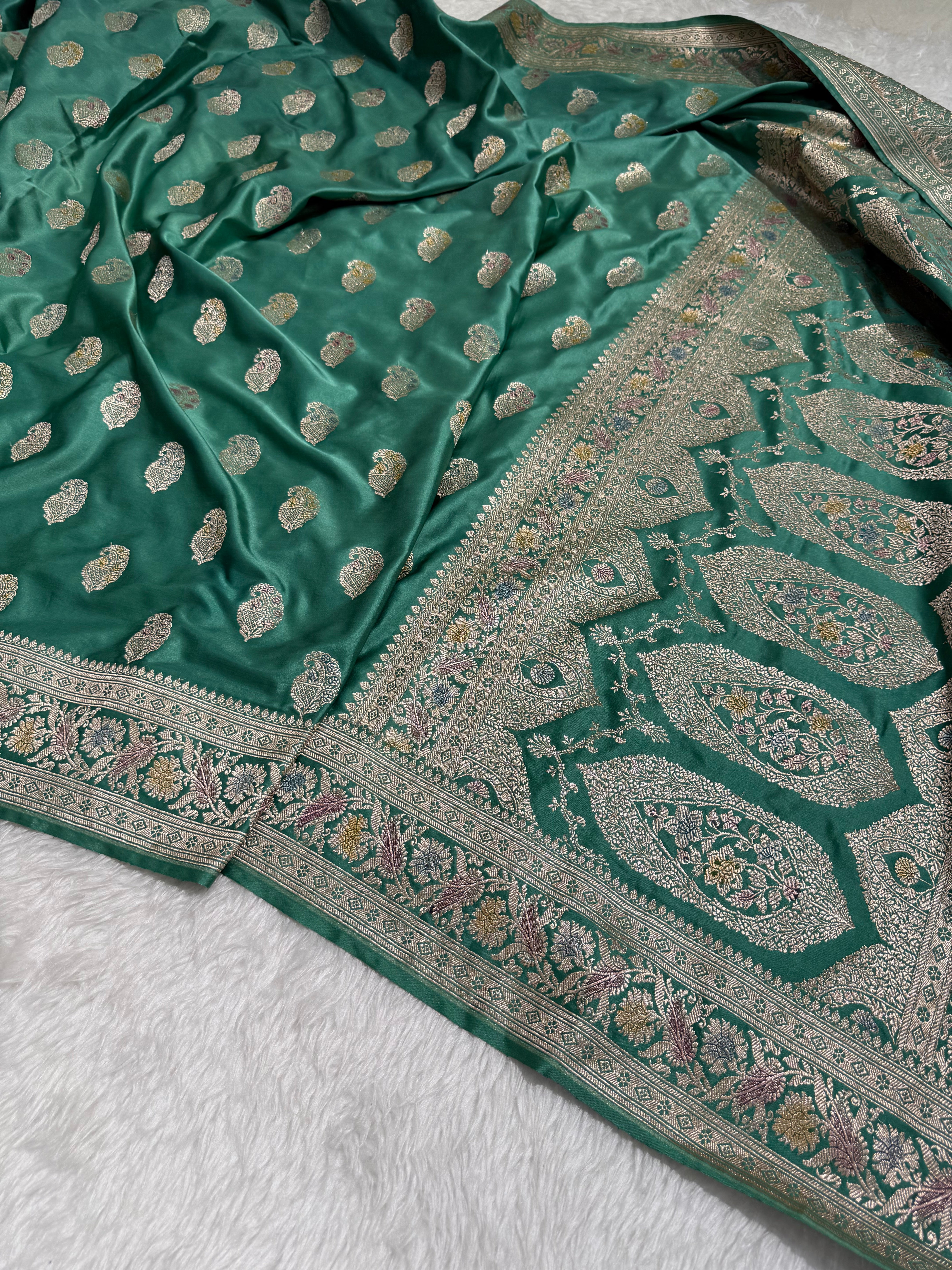 Dusty Peacock Green Shades Minakari Motif Mashru Silk Saree