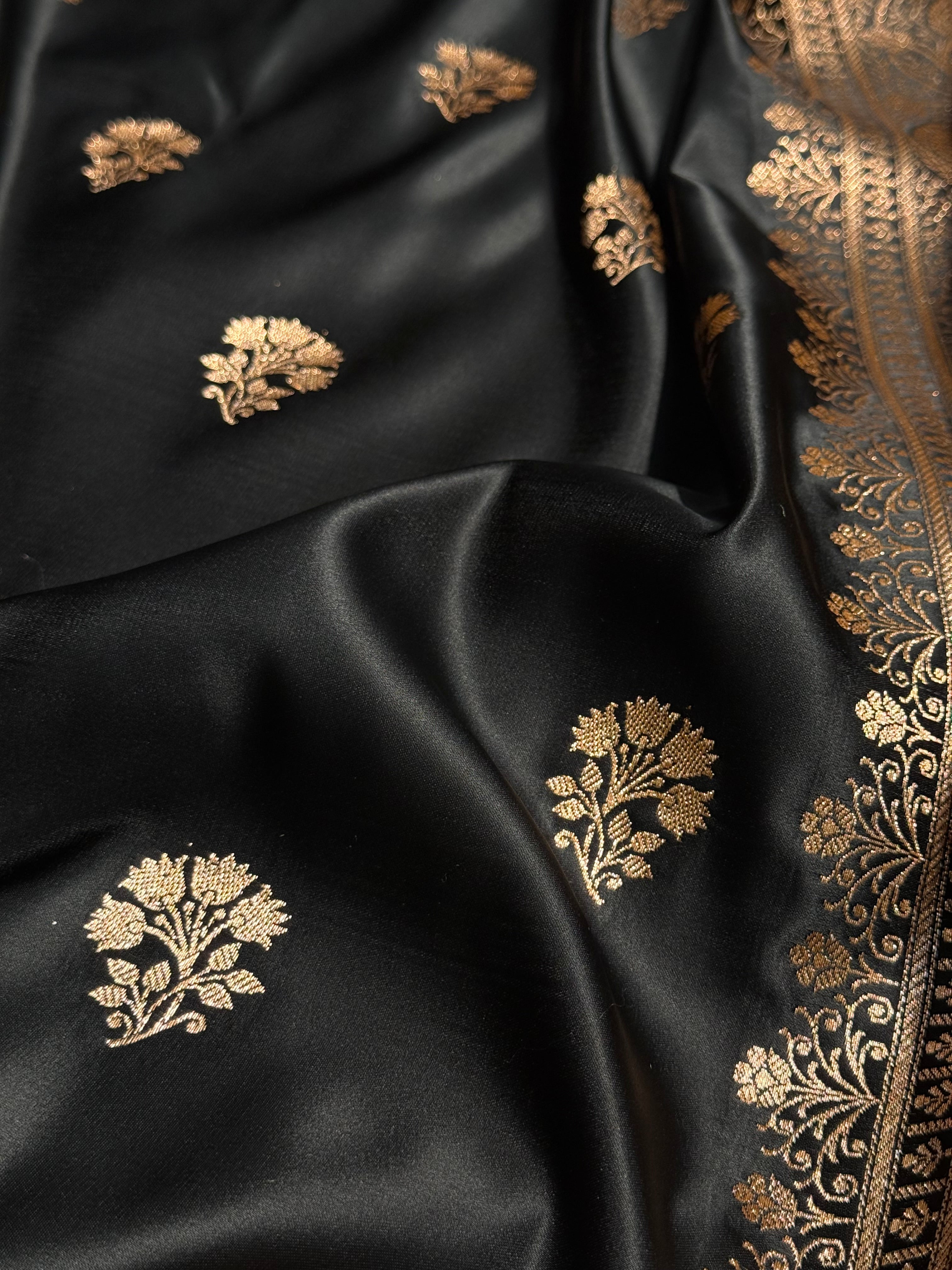 Black - Cream Banarasi Boota Katan Silk Saree