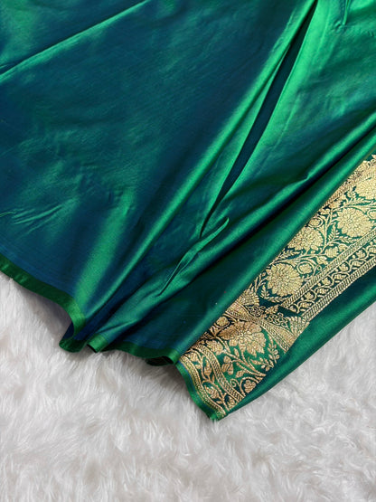Cross Green Shades Jaal Floral Pattern Satin Katan Silk Saree SK80