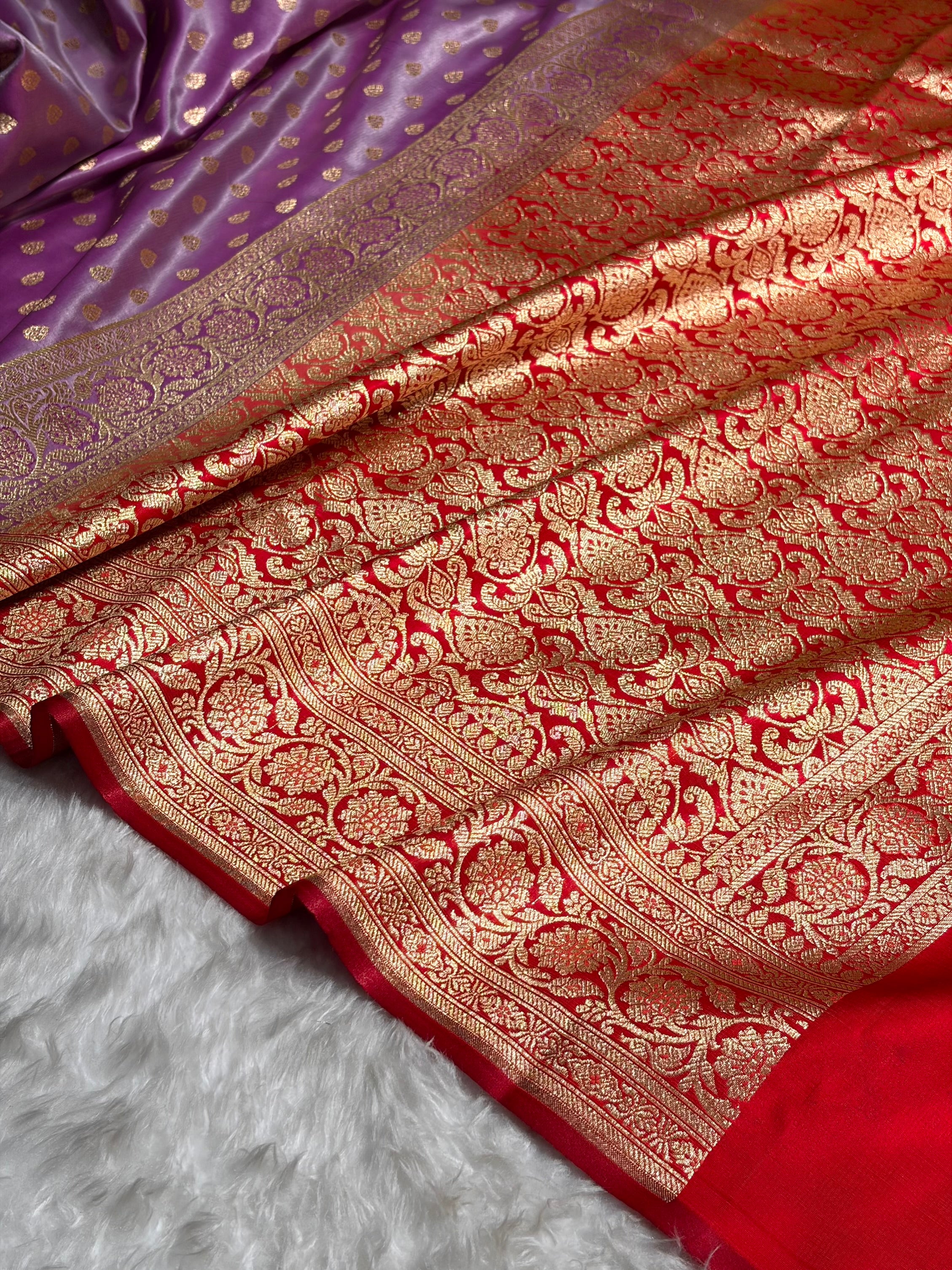 Banarasi Contrast Satin Silk Booti in Lavender With Red Shades SS01