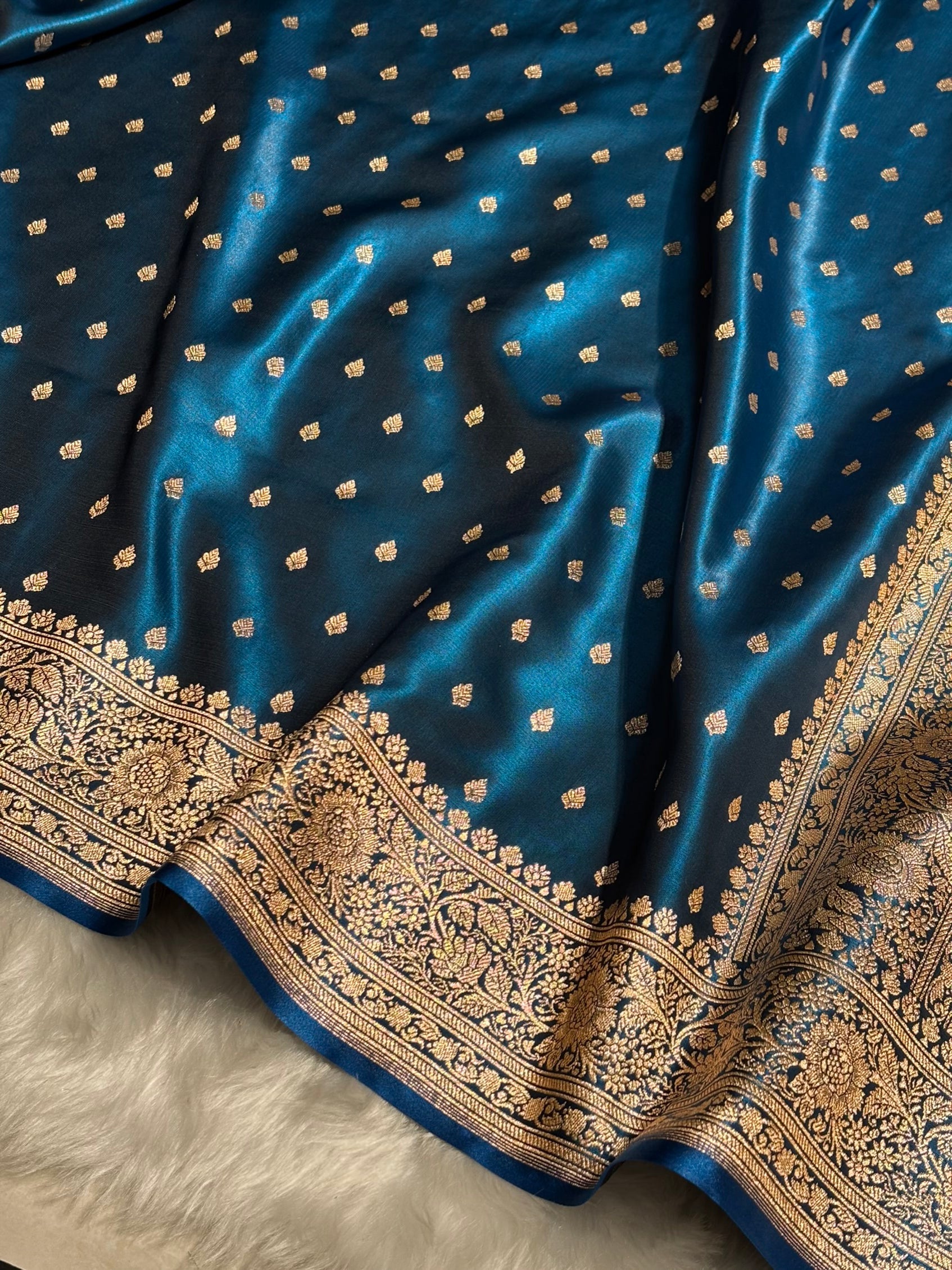 Ultra Light Weight Satin Silk Booti in German Blue Shades SS06