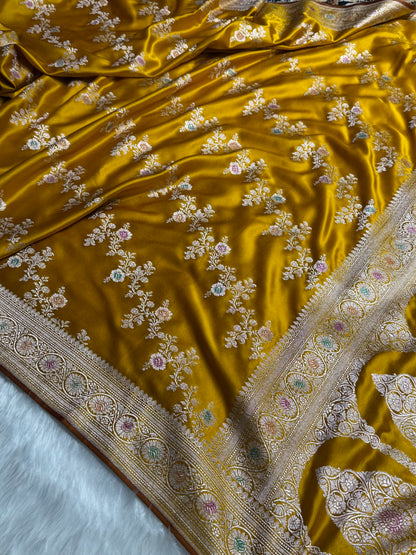 Mustard Minakari Banarasi Cross With Browm edges Mashru Silk Saree MS01