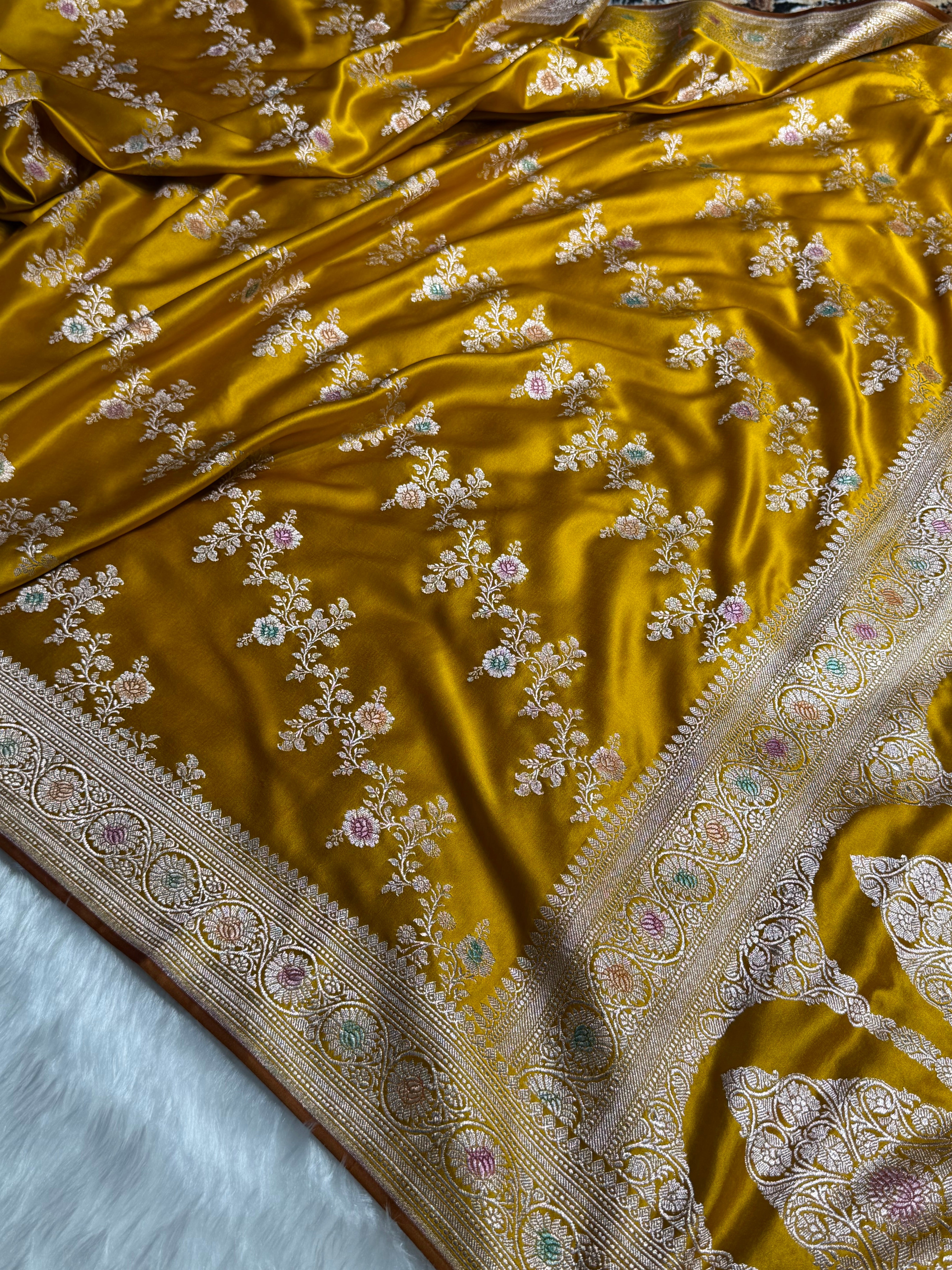 Mustard Minakari Banarasi Cross With Browm edges Mashru Silk Saree MS01