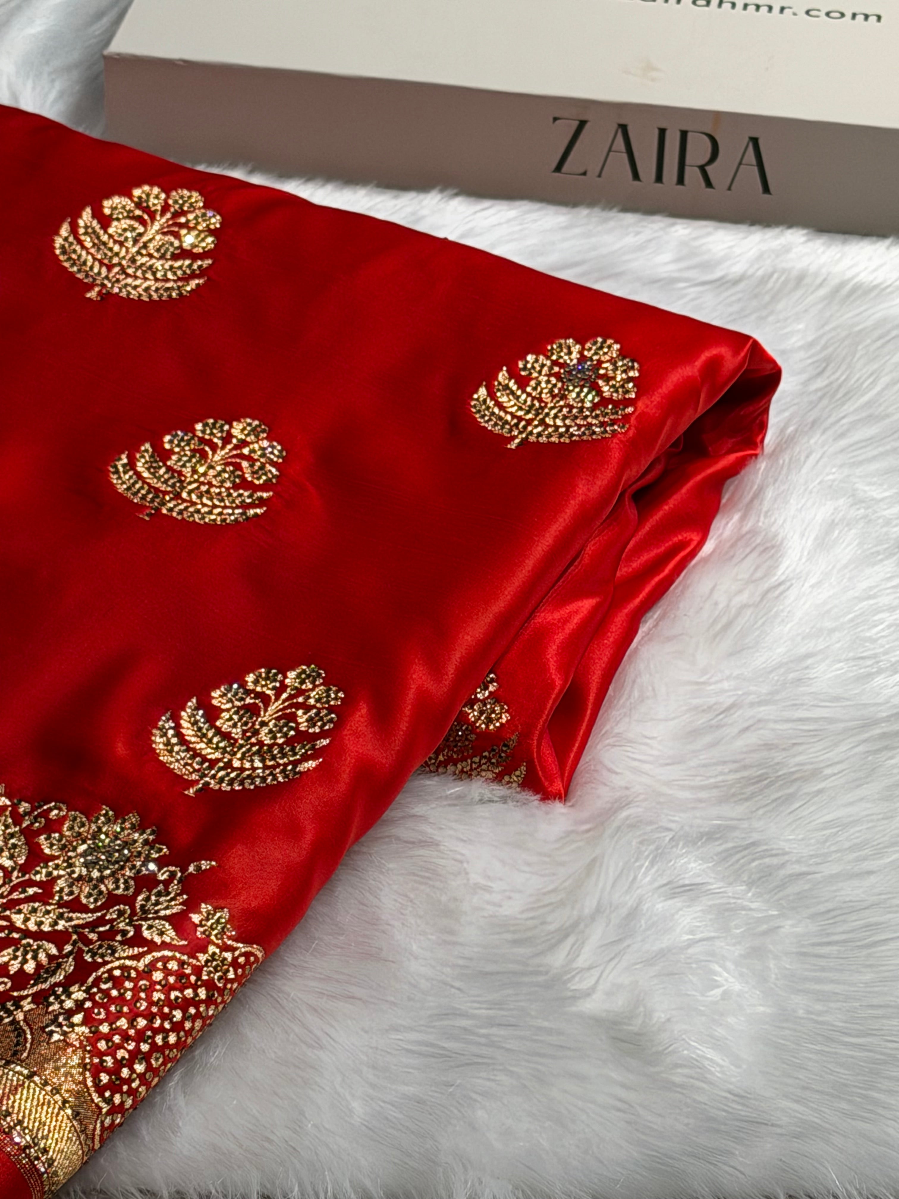 Bridal Red Unique Swarovski Stone Work Boota Pattern Satin Katan Silk Saree BSK70
