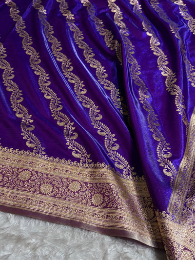 Purple Contrast Shades Cross Pattern Banarasi Satin Silk Saree SS39