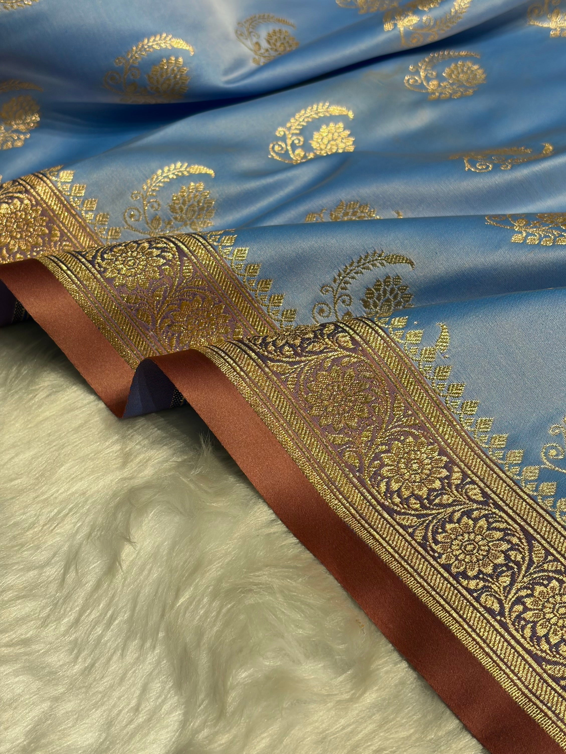 Nile Blue with Peach Floral Boota Satin Katan Silk saree SK27