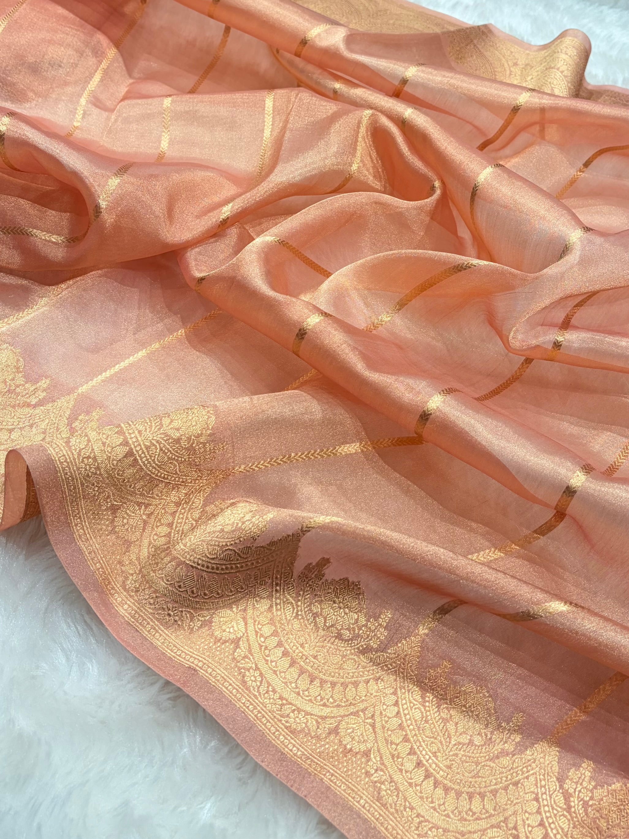 Peach Bananasi Floral Shades Pure Tissue Silk Saree PT-48