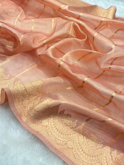 Peach Bananasi Floral Shades Pure Tissue Silk Saree PT-48