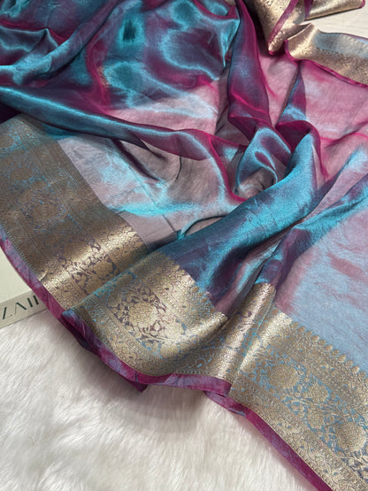 Purple Magenta Blue Shades Pure Tissue Silk Saree with Brocade Blouse PT-08