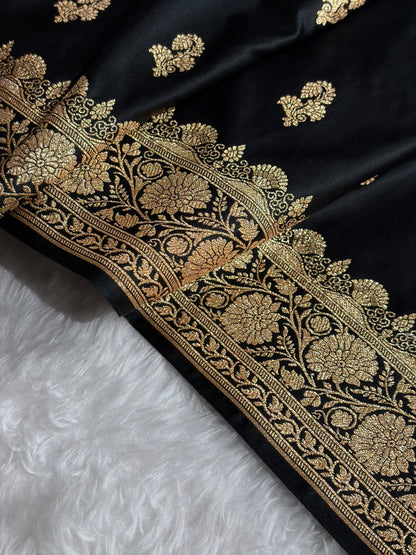 Banarasi Black Shades Floral Booti Motif Satin Katan Silk saree SK61