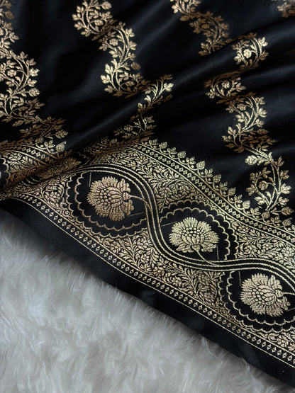 Black Floral Cross Pattern Satin Katan Silk Saree SK74