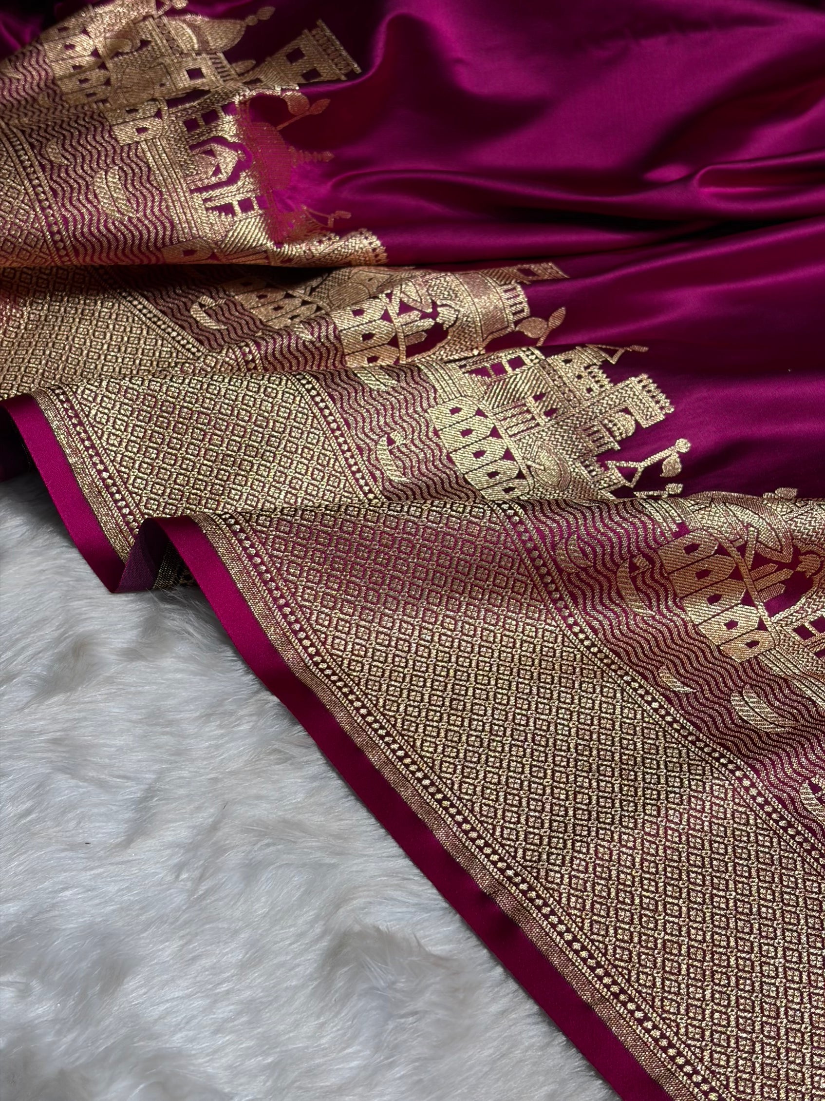 Wine Banarasi Ghat Pattern Satin Katan Silk saree SK33