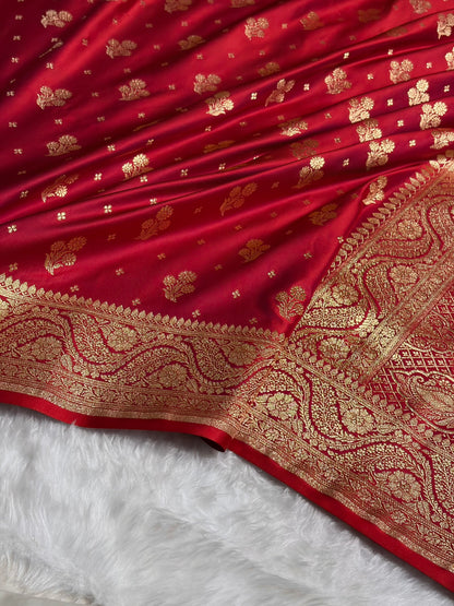 Magentic Red Floral Unique Boota Pattern Satin Katan Silk Saree SK73