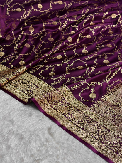 Banarasi Satin Katan Saree in Jaal Pattern Wine Shades SK86