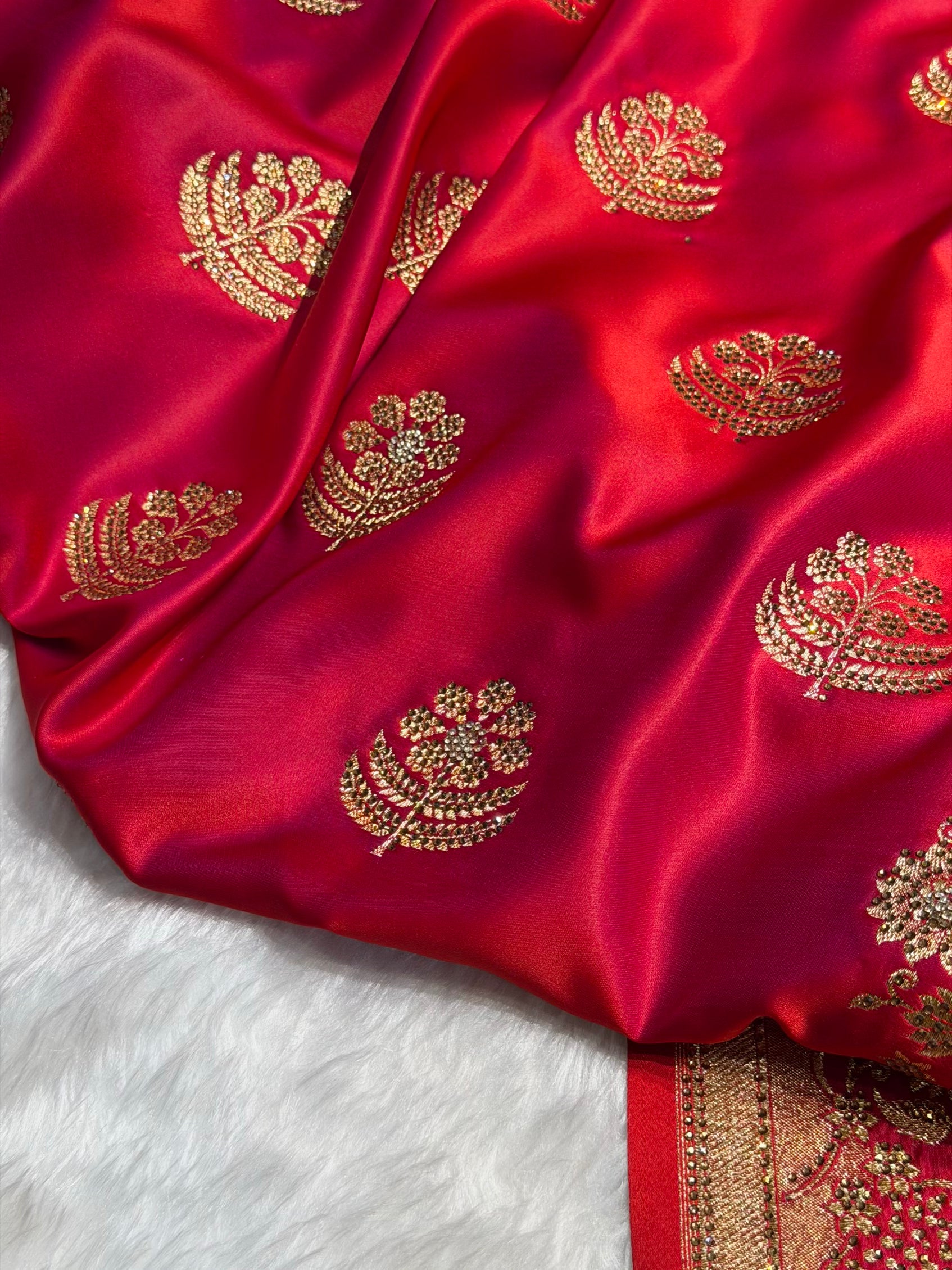 Banarasi Reddish Magenta Unique Boota Pattern With Swarovski Stone Work Satin Katan Silk Saree BSK70
