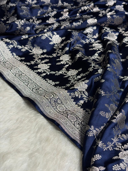 Navy Blue Floral Jaal Mashru Silk Saree  MS28
