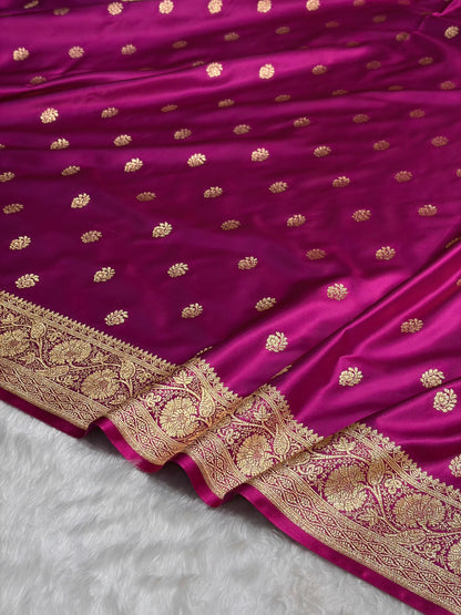 Magenta Floral Boota Pattern Satin Katan Silk Saree SK72