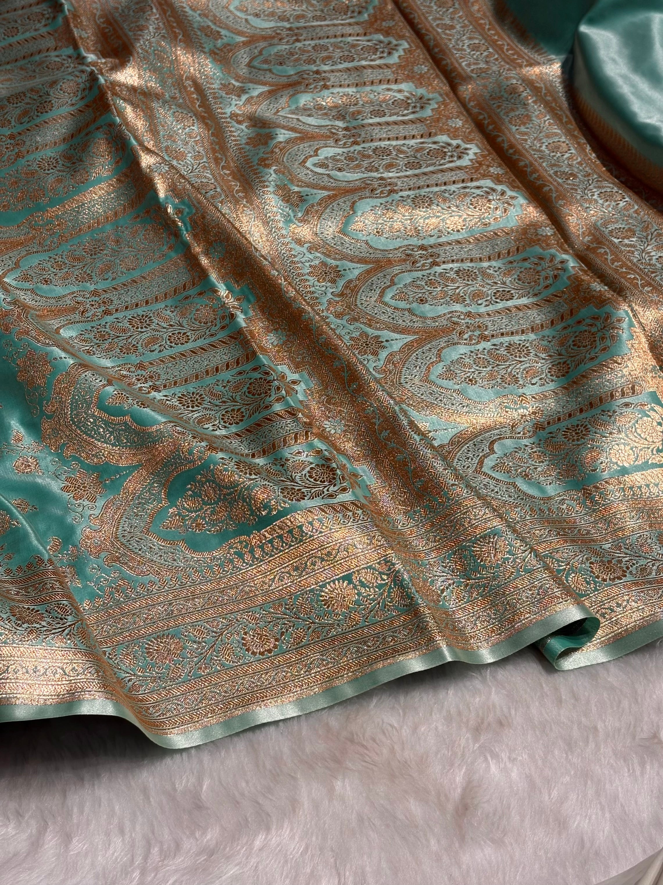 Sea Green Shades Banarasi  Cross Jaal Satin Silk Saree SS11