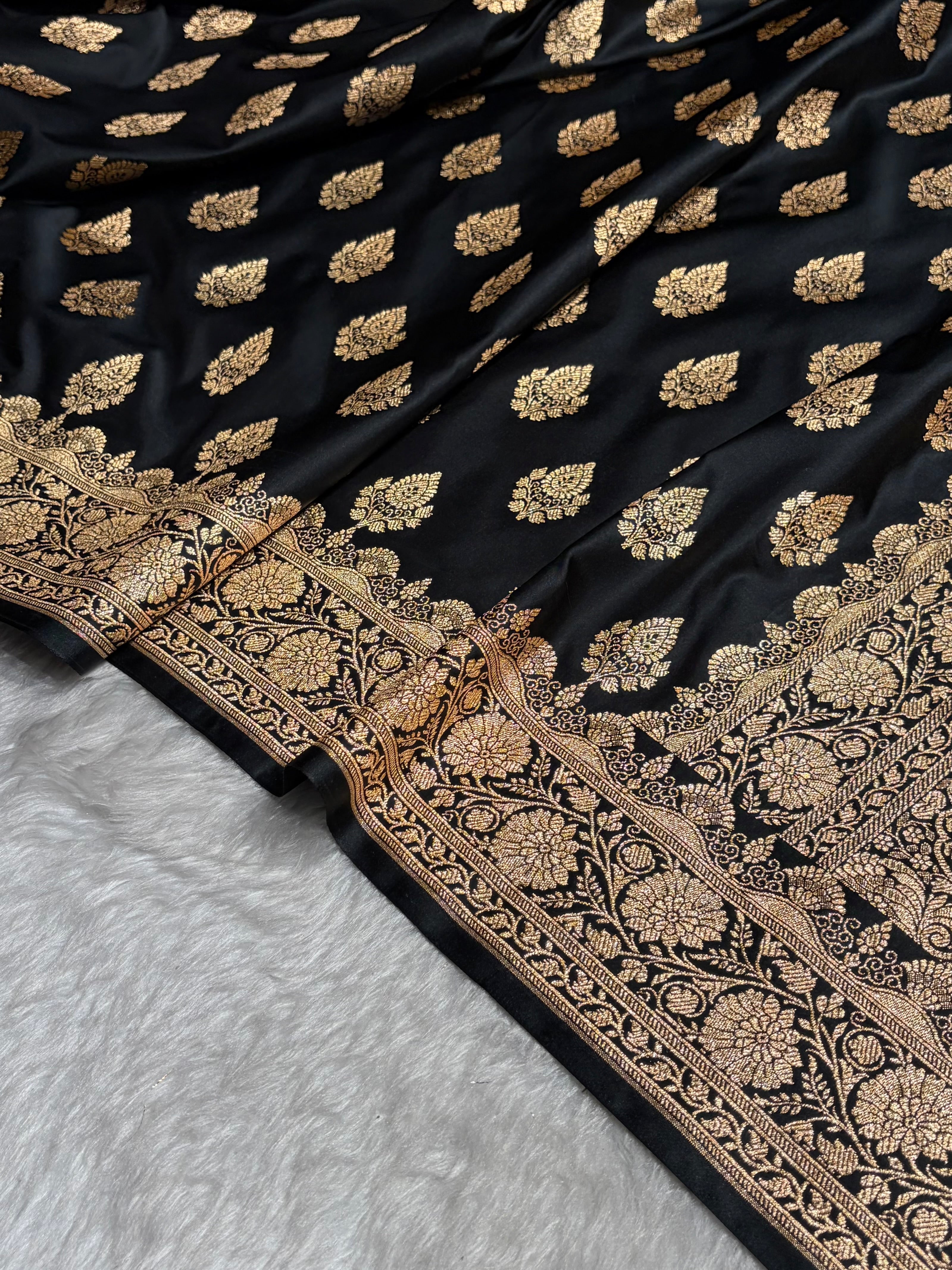 Black Floral Boota Pattern Satin Katan Silk saree SK45