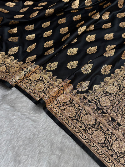 Black Floral Boota Pattern Satin Katan Silk saree SK45