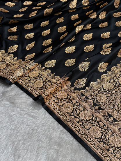 Black Floral Boota Pattern Satin Katan Silk saree SK45