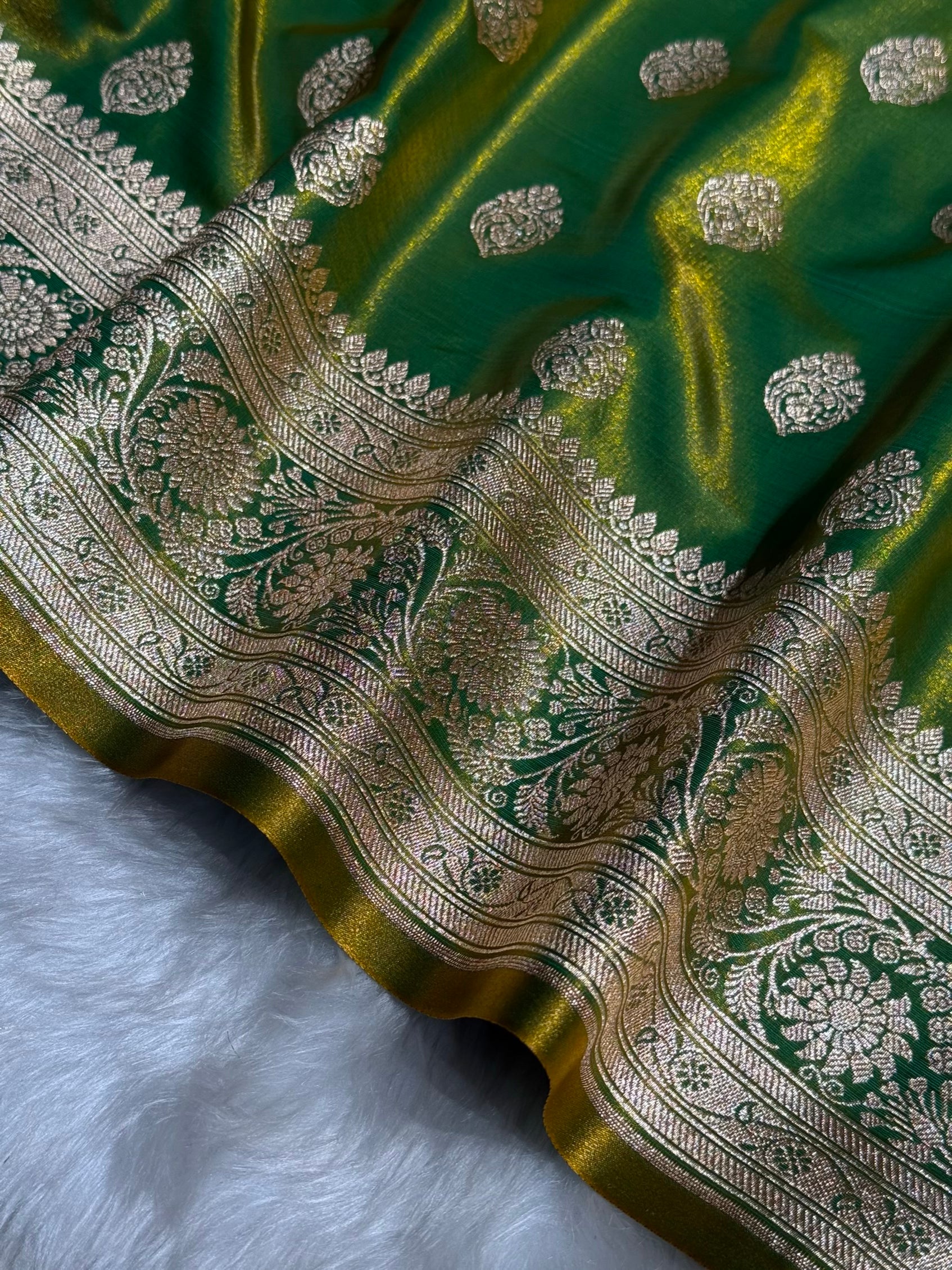 Ultra Light Weight Satin Silk Boota in Liril Green Shades SS03
