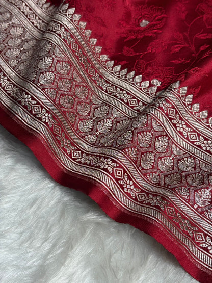 Banarasi Tanchoi Cherry Red Floral Booti Mashru Silk Saree MS59