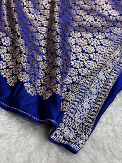 Royal Blue Shades Plain Banarasi With Minakari Floral Border Mashru Silk Saree MSM-123