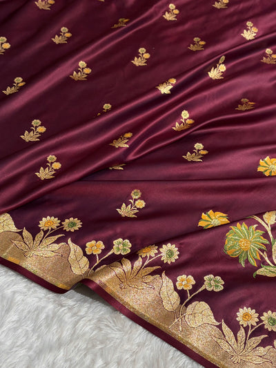 Banarasi Satin Katan Saree Minakari Booti Pattern in Garnet Shades SK139