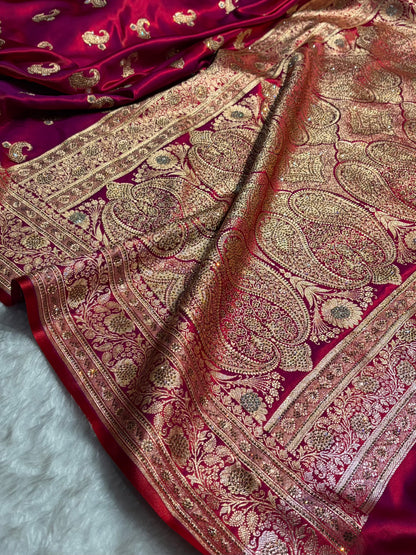 Satin Silk Saree Tredition Banarasi Swarovski Work Floral Boota in Reddish Purple Shades BSS27
