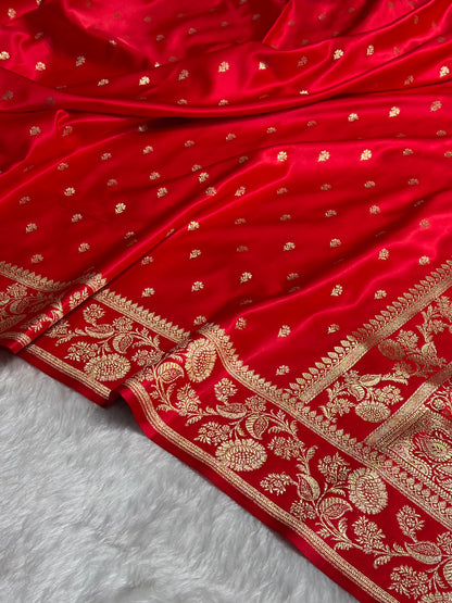 Red Floral Pattern Satin Katan Silk Saree SK77
