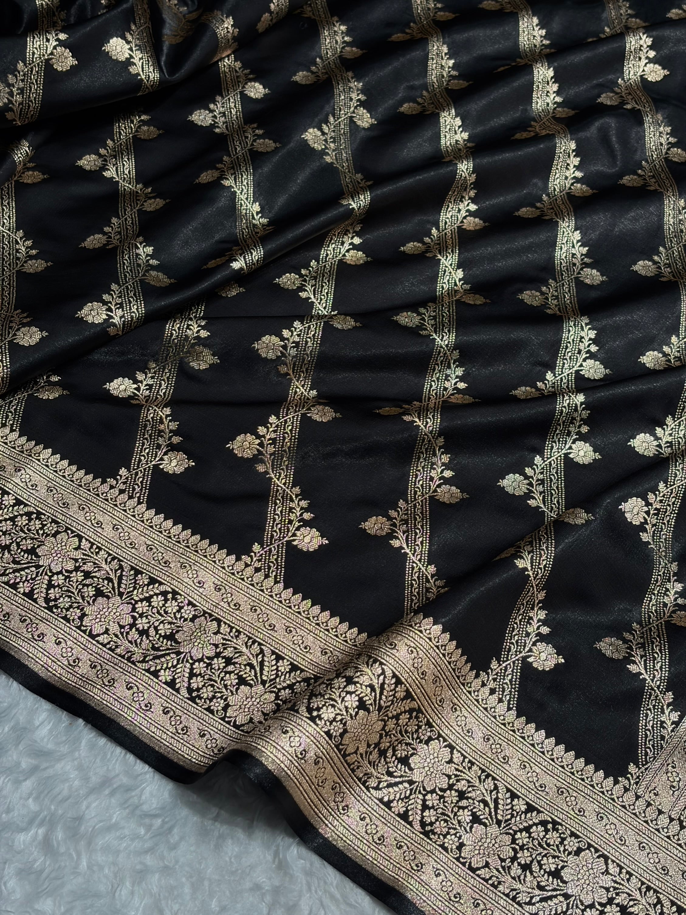 Black Shades Cross Pattern Banarasi Satin Silk Saree SS50