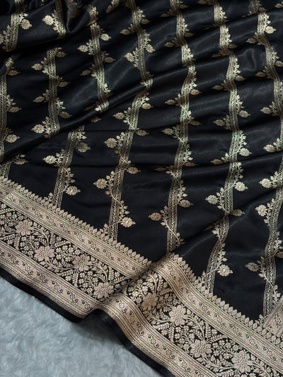 Black Shades Cross Pattern Banarasi Satin Silk Saree SS50