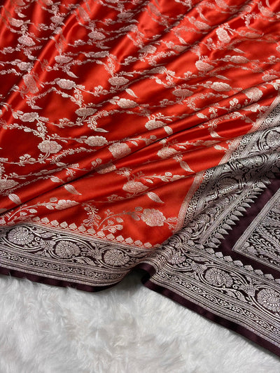 Contrast Orange With Garnet Shades Floral Jaal Pattern Mashru Silk Saree MCS76