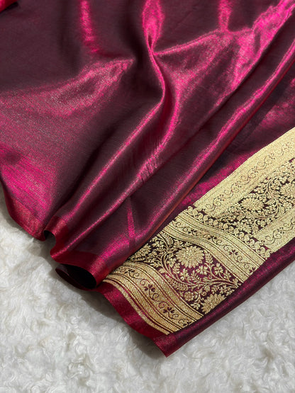 Wine Shades Cross Pattern Banarasi Satin Silk Saree SS39