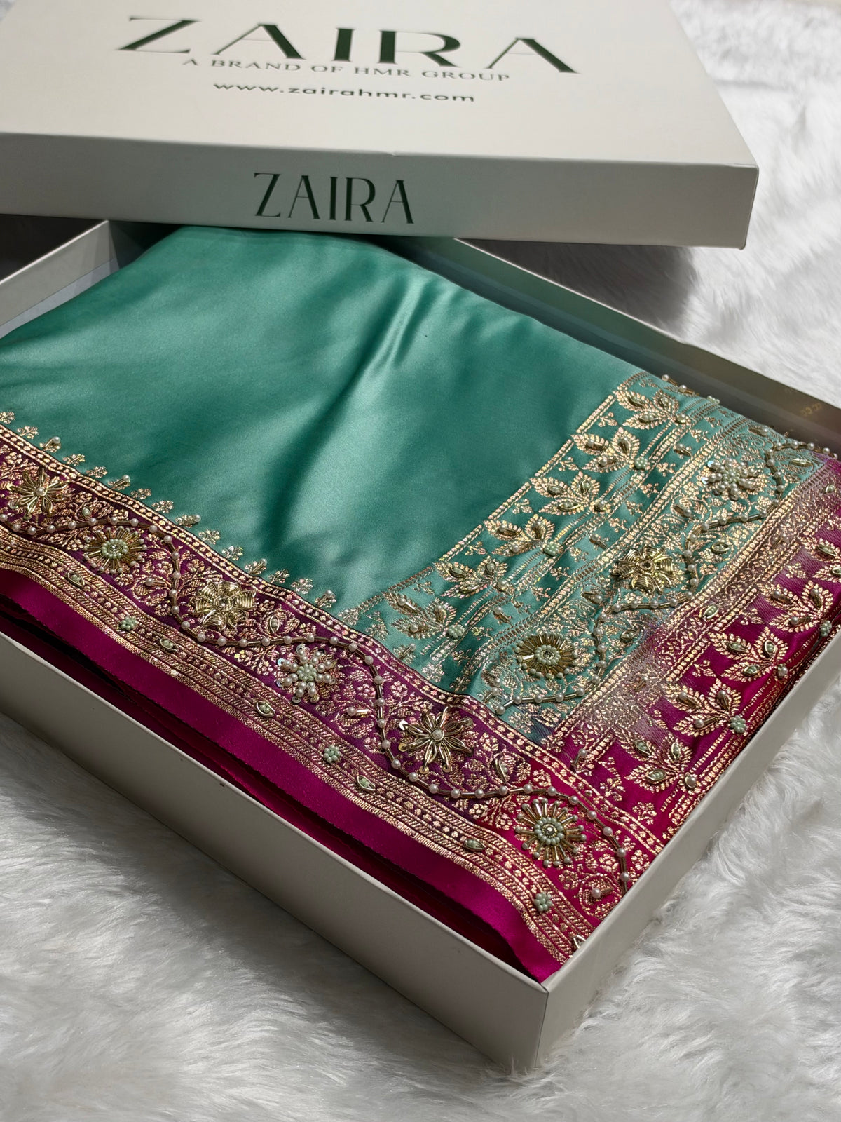 SeaGreen and Rani Contrast Banarasi Satin Katan Saree With Aari Zardozi Work Boota in Cross Green Shades BSK131