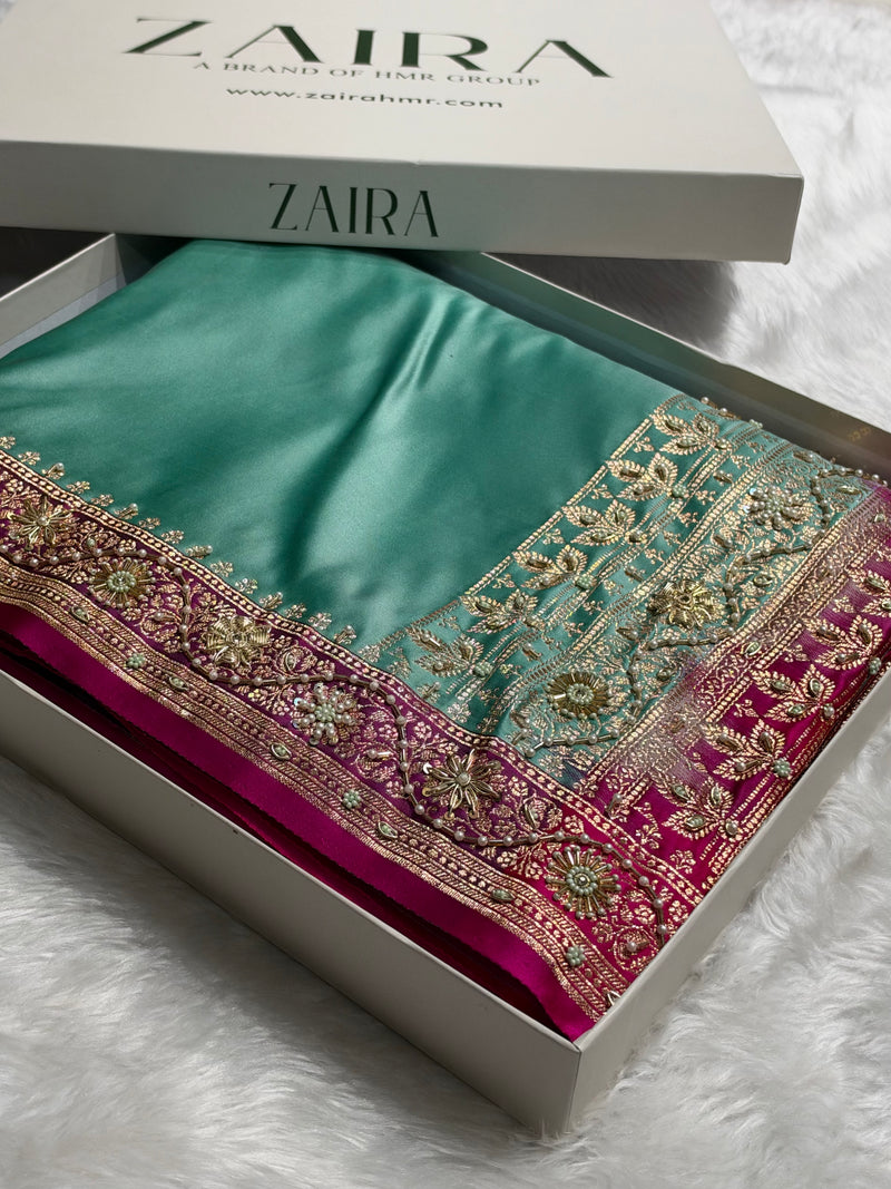 SeaGreen and Rani Contrast Banarasi Satin Katan Saree With Aari Zardozi Work Boota in Cross Green Shades BSK131