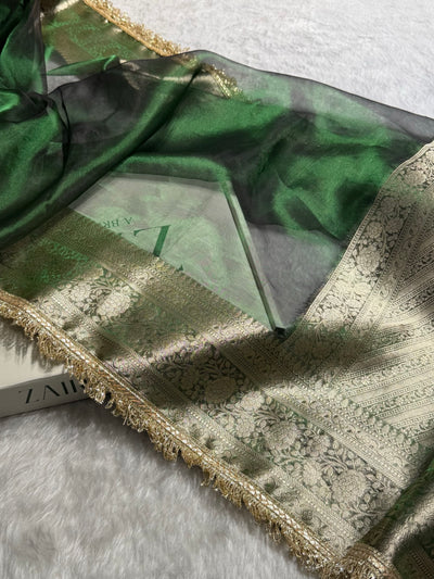 Bottle Green Shades Pure Tissue Silk Saree with Gotta Patti Brocade Blouse PTGP-08