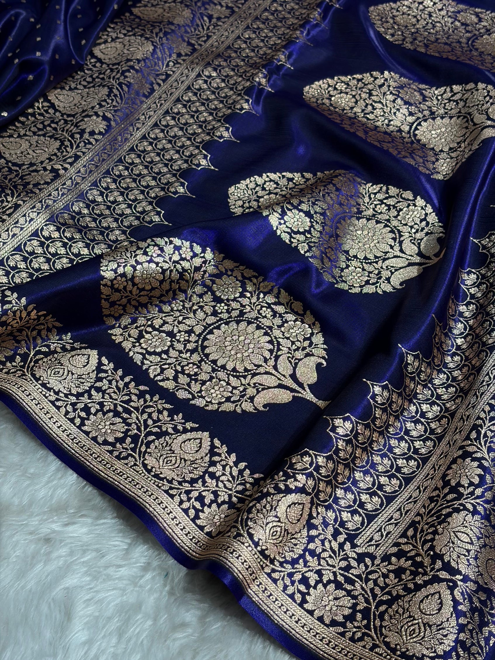 Satin Silk Saree Floral Boota in Royal Blue Shades SS28