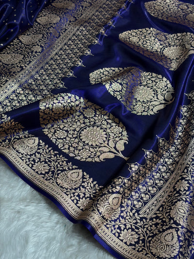 Satin Silk Saree Floral Boota in Royal Blue Shades SS28