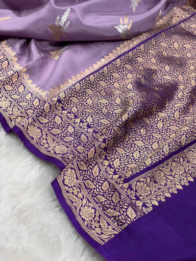 Lavender With Purple Contrast Shades Meena Boota Handwoven Pure Katan Paper Silk RM-36