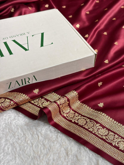 Banarasi Satin Katan Saree With Booti Pattern in Garnet Shades SK125
