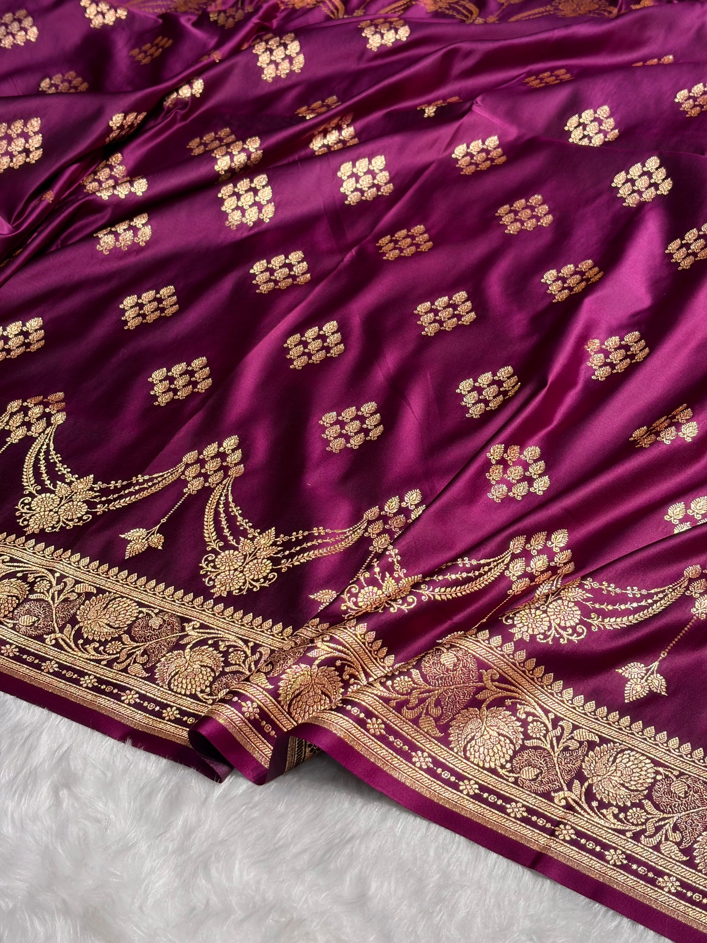Wine Floral Boota Satin Katan Silk saree SK34