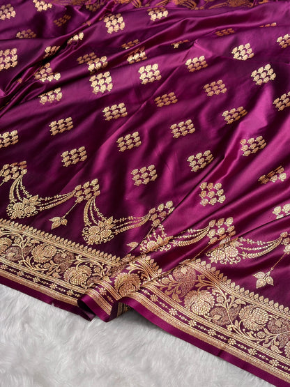 Wine Floral Boota Satin Katan Silk saree SK34