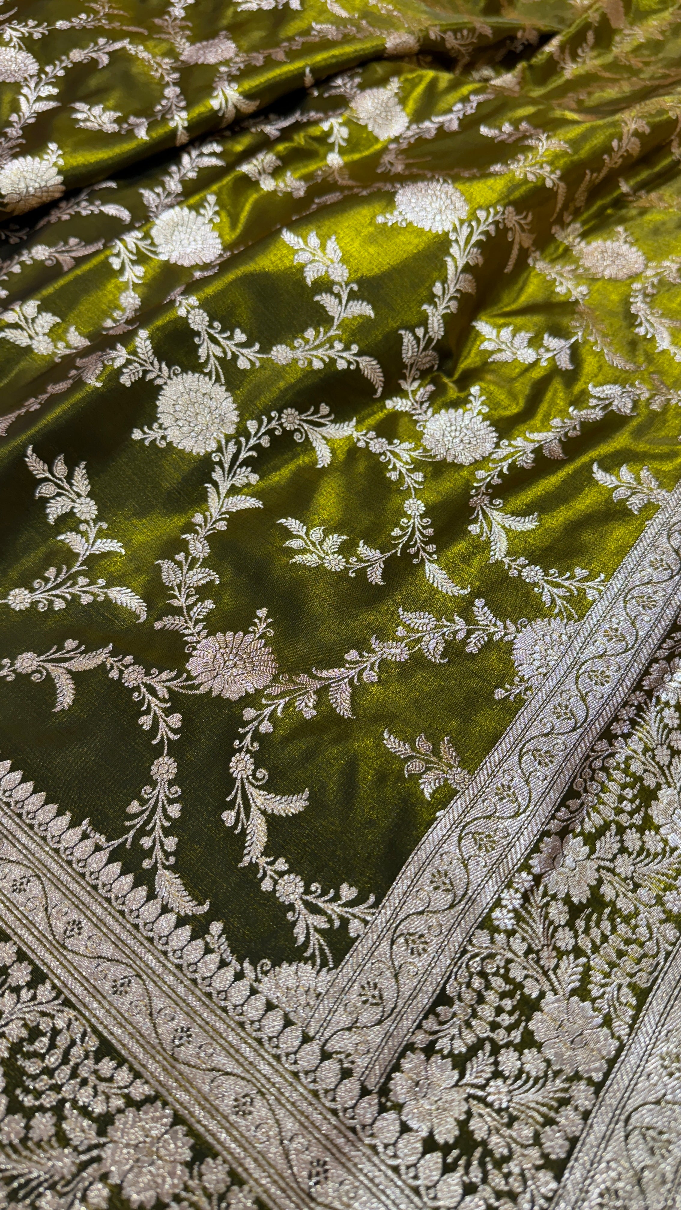 Satin Silk Jaal in Mehendi Green Shades