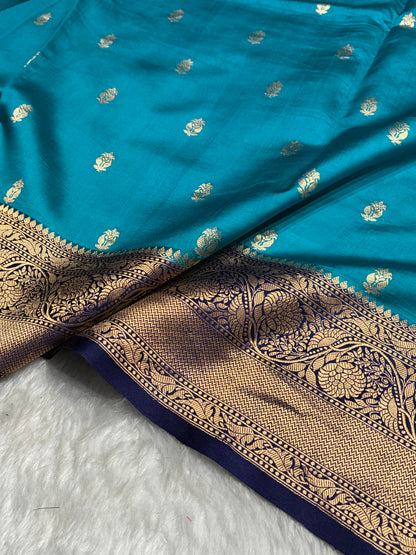 Contrast Firozi with Purple Shades Handwoven Pure Raw Mango Silk RM-56