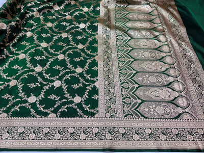 Ultra Light Weight Satin Silk Jaal in Bottle Green Shades SS14